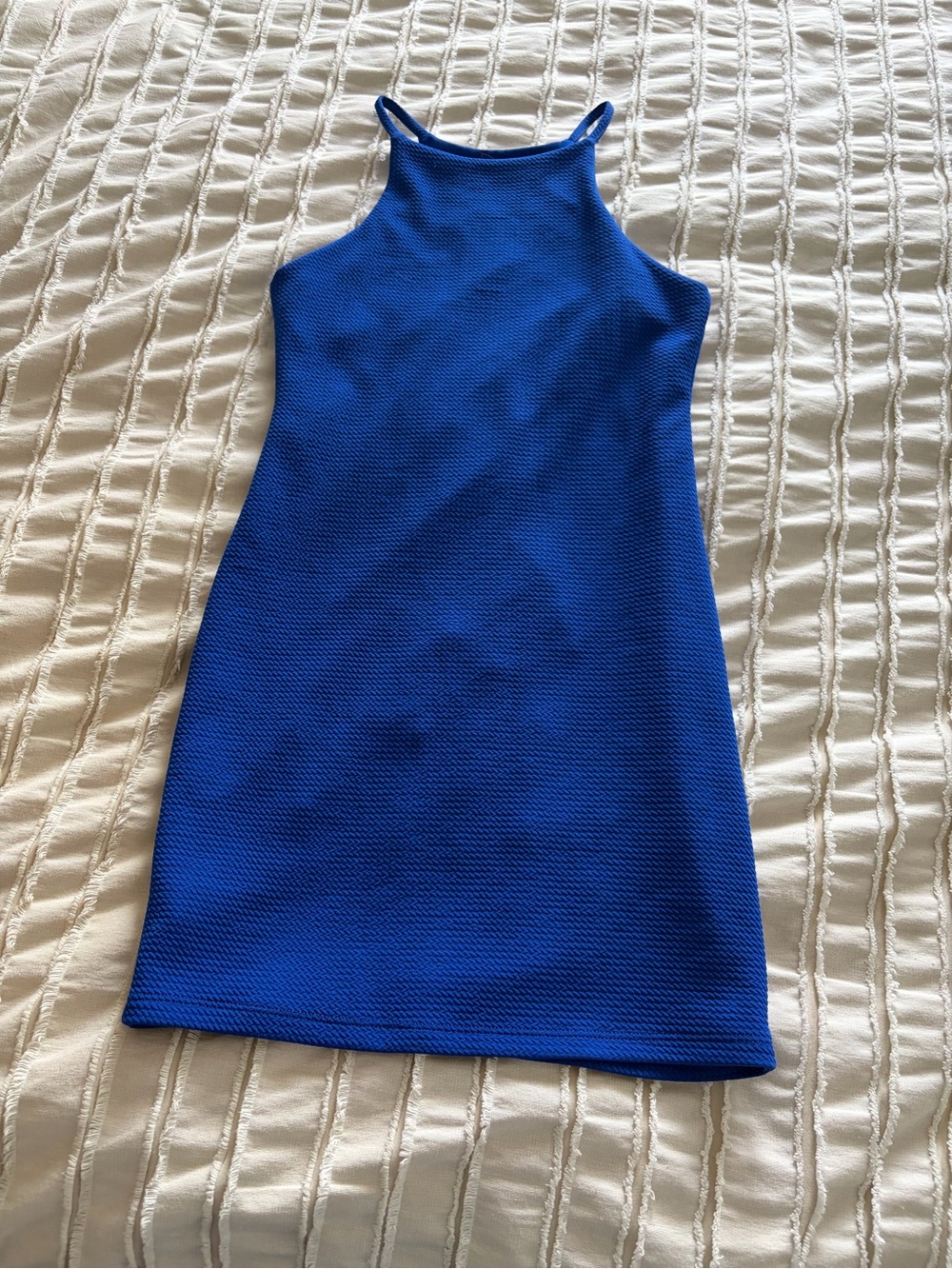 Sleek Cobalt Blue sleeveless Mini Dress high neck made in USA